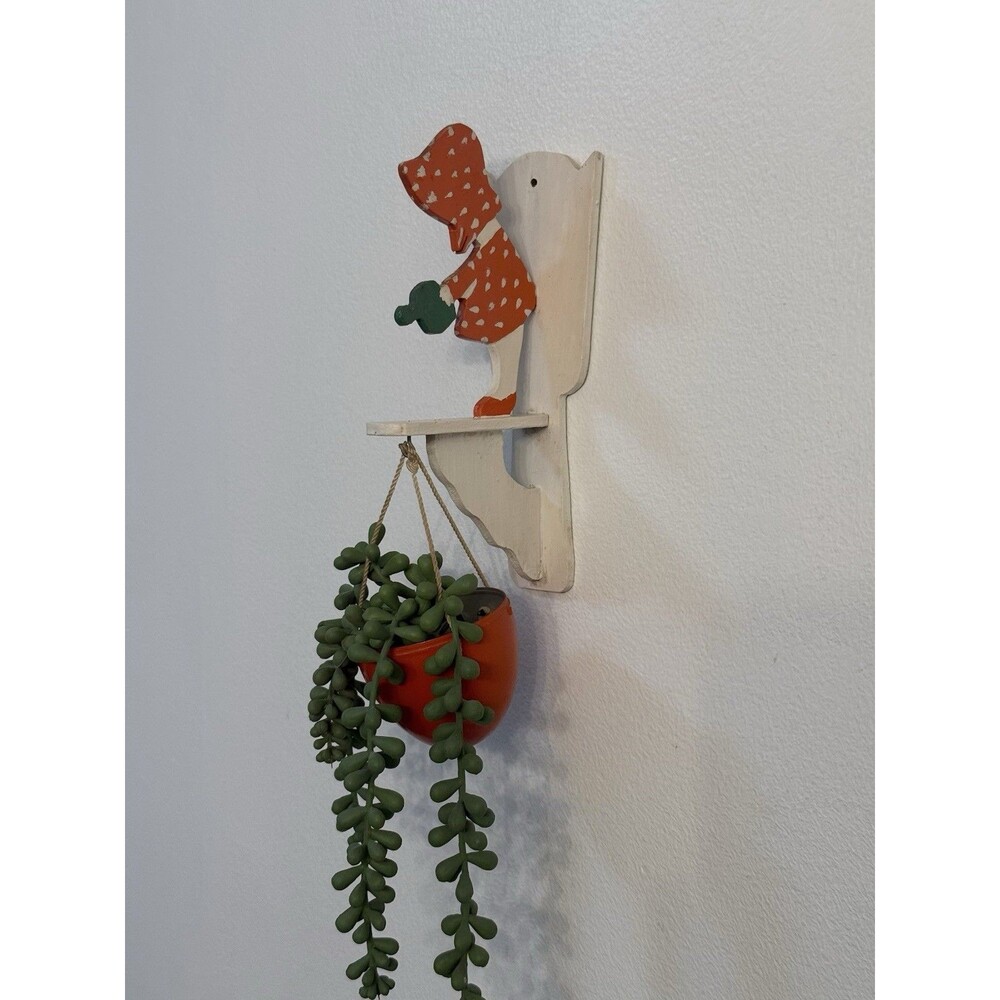 Vintage Wooden Doll Cut Out Wall Plant Hanger | Folk Art Americana Holly Hobbie